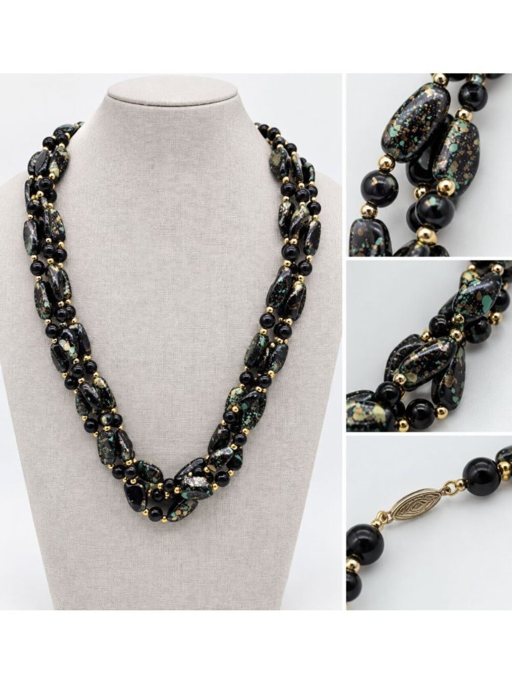 Vintage Multi Strand Necklace Black Green Speckled Plastic Beads Gold Tone